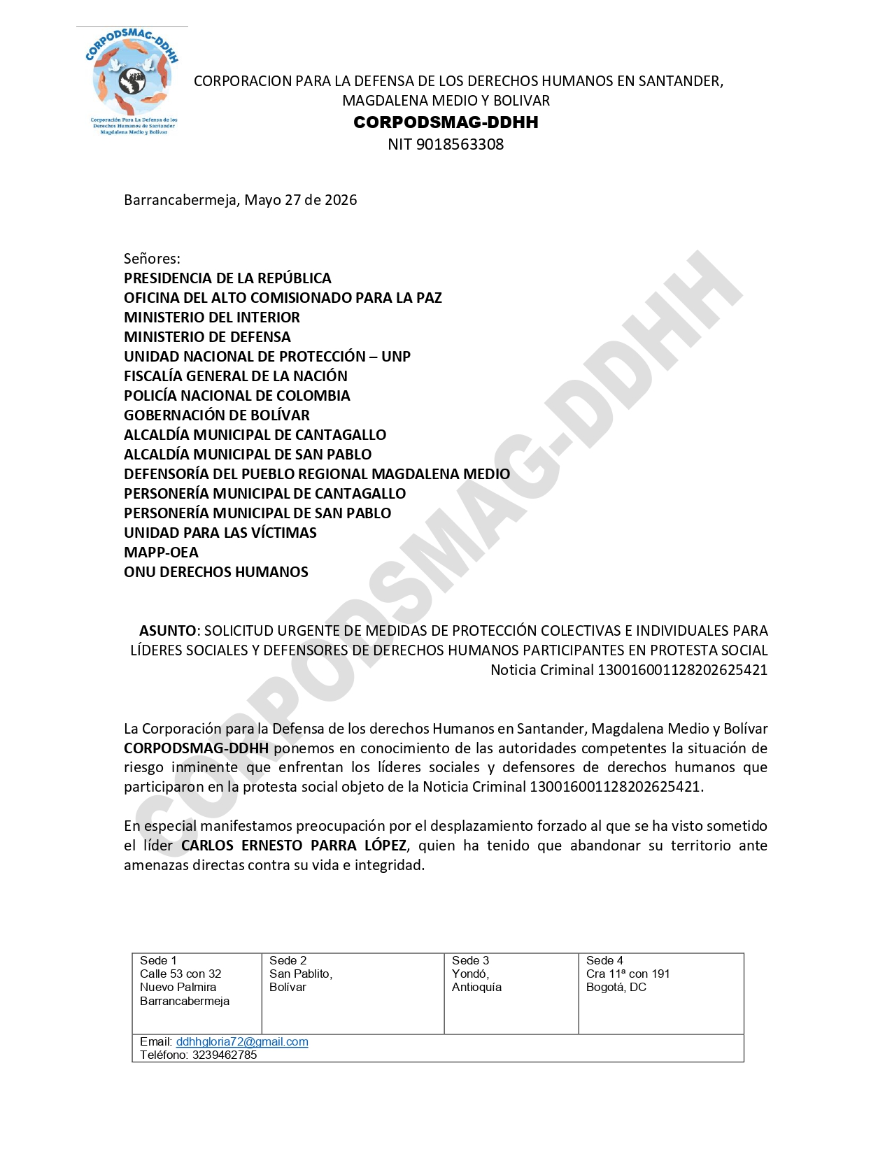 Mayo 27 SOLICITUD URGENTE DE MEDIDAS DE PROTECCIÓN COLECTIVAS E INDIVIDUALES PARA LÍDERES SOCIALES Y DEFENSORES DE DERECHOS HUMANOS PARTICIPANTES EN PROTESTA SOCIAL_page-0001